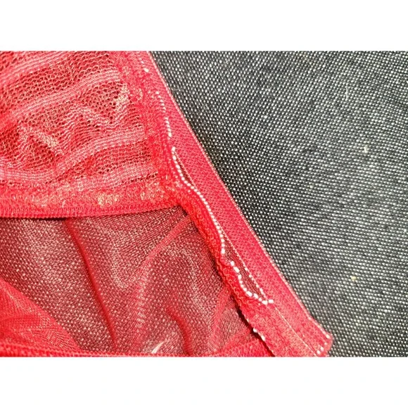 Vintage 80s 90s Red Mesh Geometric Double Slit Nightgown Lingerie Long Sheer M‎